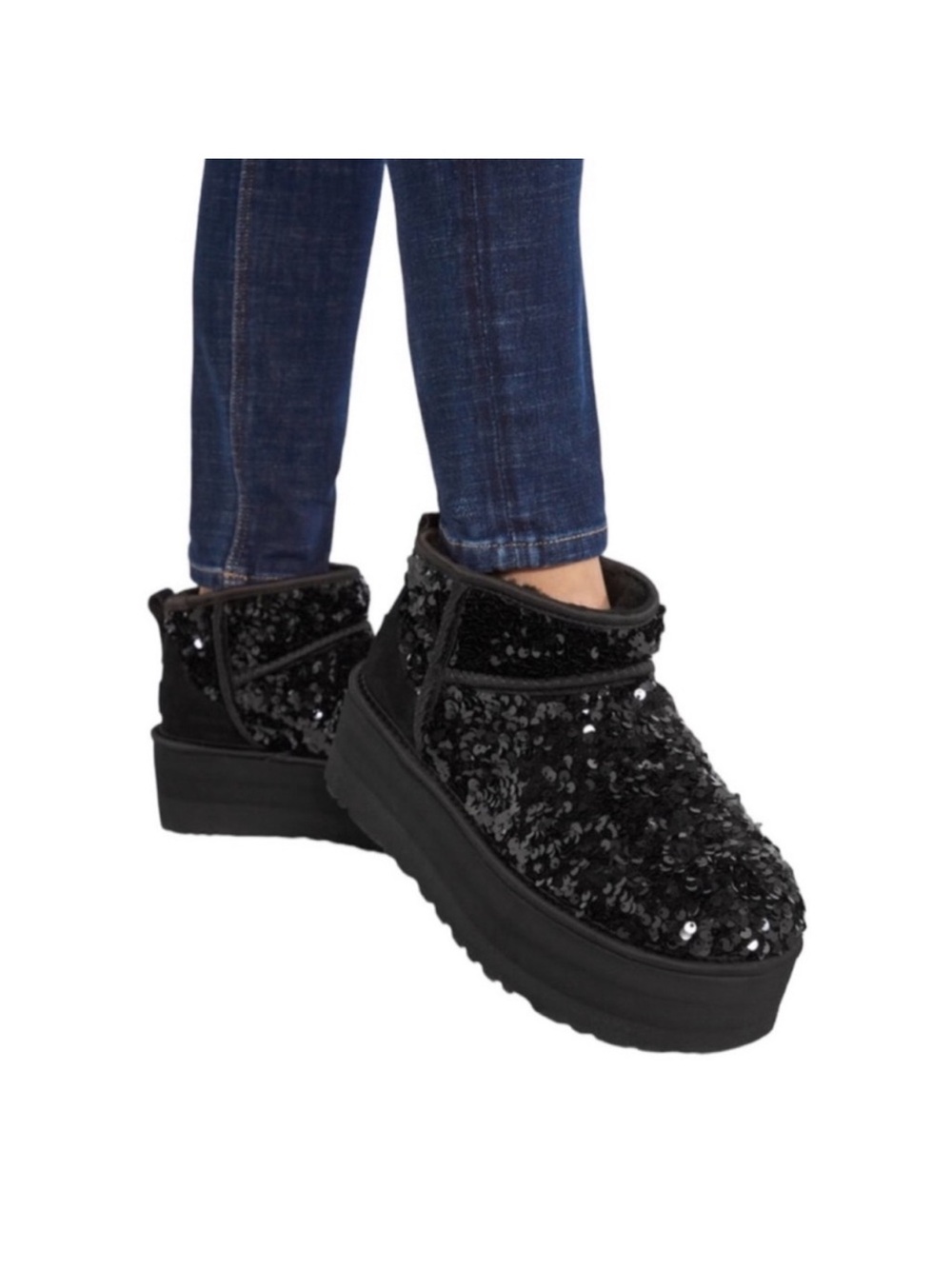 UGG Ultra Mini Chunky Sequin sparkle black Boots Women size 9 - Picture 3 of 16